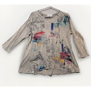 Jess & Jane Small Lagenlook Tunic Top Abstract Cityscape Print 3/4 Sleeve USA